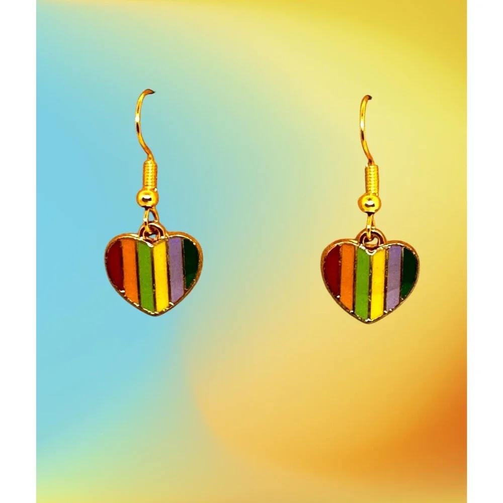 Enamel Rainbow Heart Charm 10kt Gold Plated Hook Earrings #2192